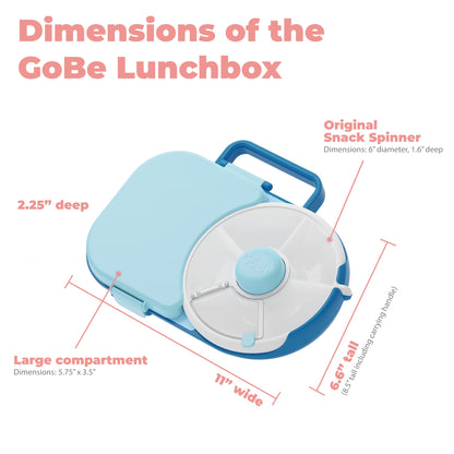 GoBe Kids Lunchbox with Small Snack Spinner Flip - Bundle with Hand Strap & Sticker Sheet, 2-in-1 Bento Style Lunch Container, 5 Small +1 Large Sandwich Compartment, BPA & PVC Free- Macaron Blue