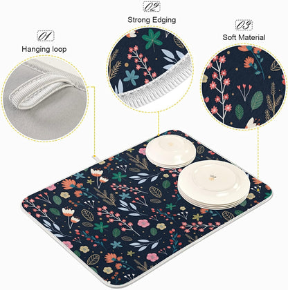 Dish Drying Mat for Kitchen Counter, Colorful Flowers Black Absorbent Drying Matt for Dishes Sink 16'' x 18''