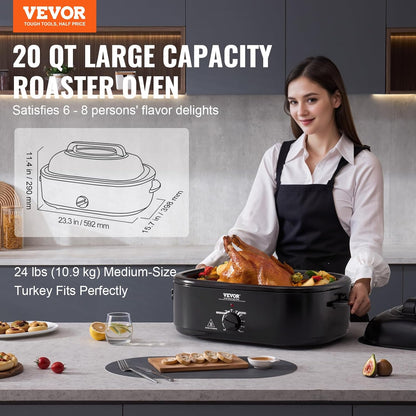VEVOR Electric Roaster Oven - 20 QT Turkey Roaster with Self-Basting Lid, 1450W, Fits Turkeys Up to 24LBS