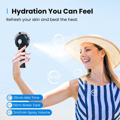 KIBEE Portable Misting Fan - 4000mAh Rechargeable, 50ml Water Tank, Foldable 180° Handheld with Mist Spray, 3-Speed Personal, Portable Charger for Travel, Outdoors, Makeup & More(Gray)