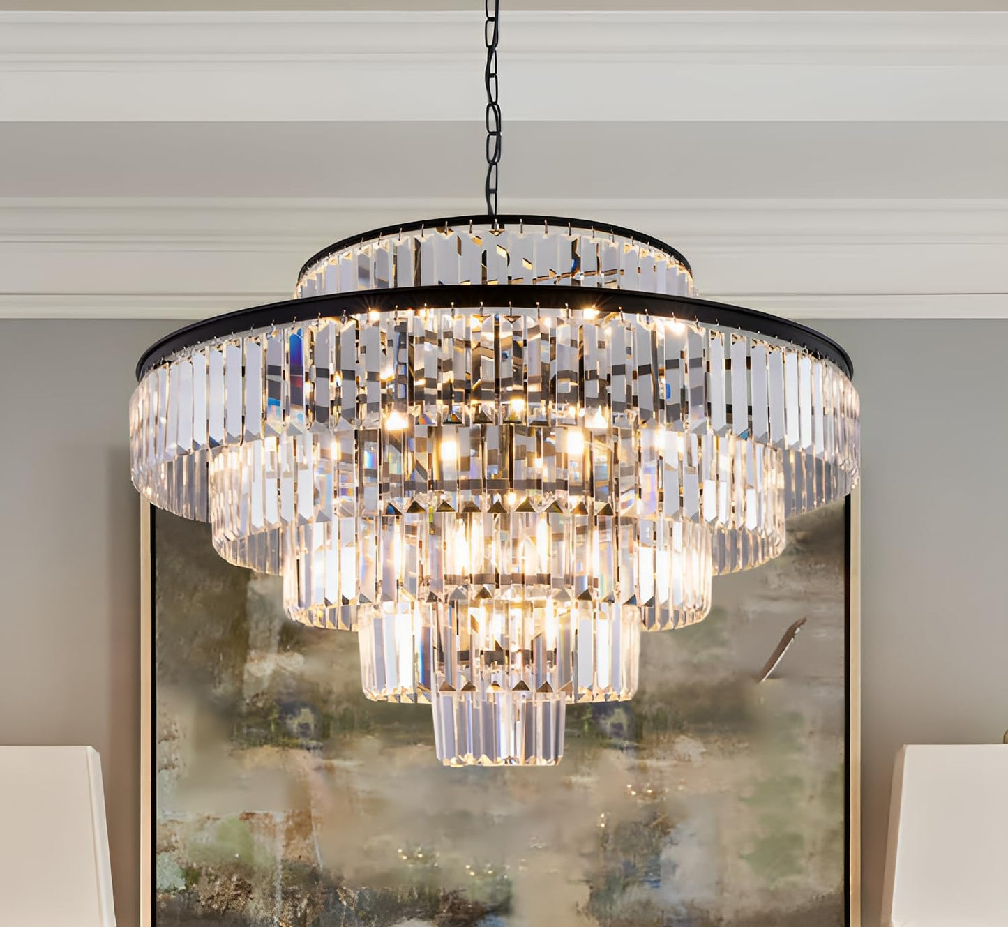 Wellmet Crystal Chandelier, 6-Tier Large Luxury Crystal Chandelier, 31'' Black Crystal Pendant Light for Living Room, Dining Room, Bedroom, Entryway, Hallway, Corridor,