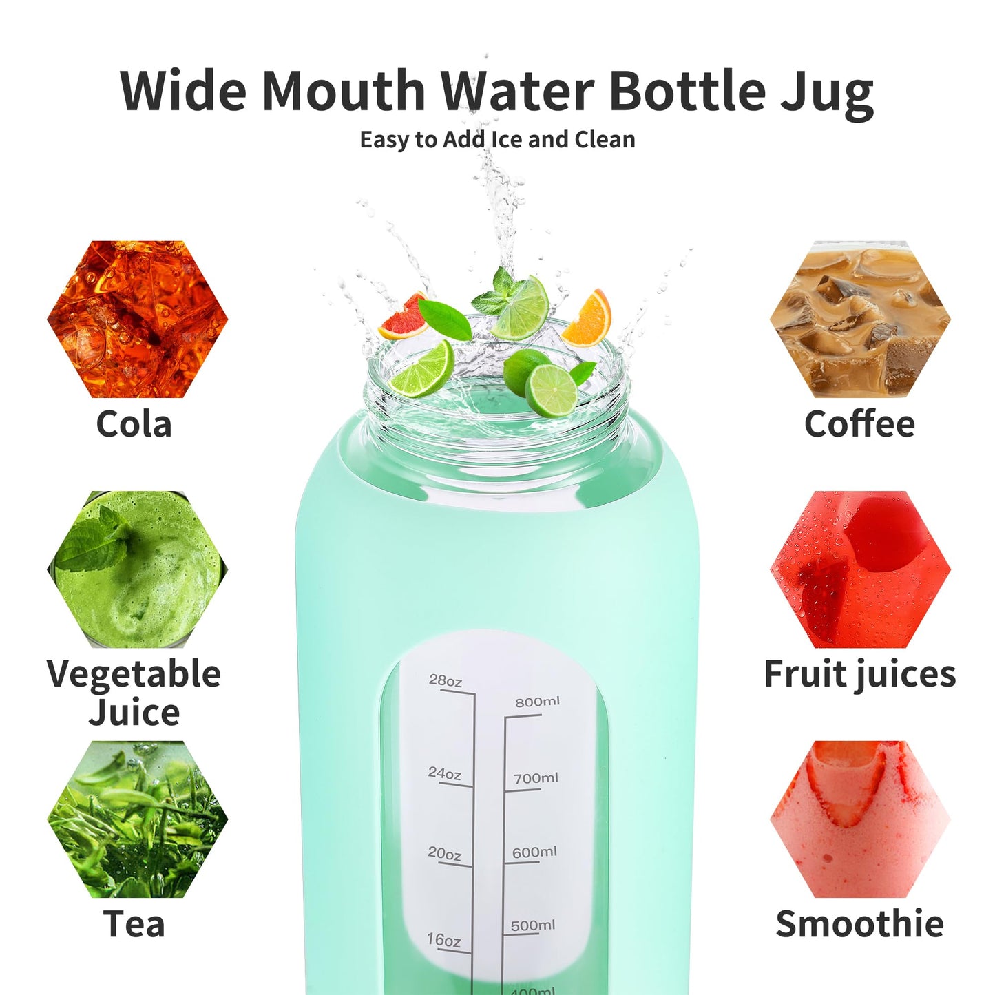 EALGRO 64 oz Glass Water Bottle With Straw and Handle, Half Gallon Sports Motivational Water Jug Flask with Silicone Sleeve, Large Water Cup with Time Marker for Travel, Gym, Black