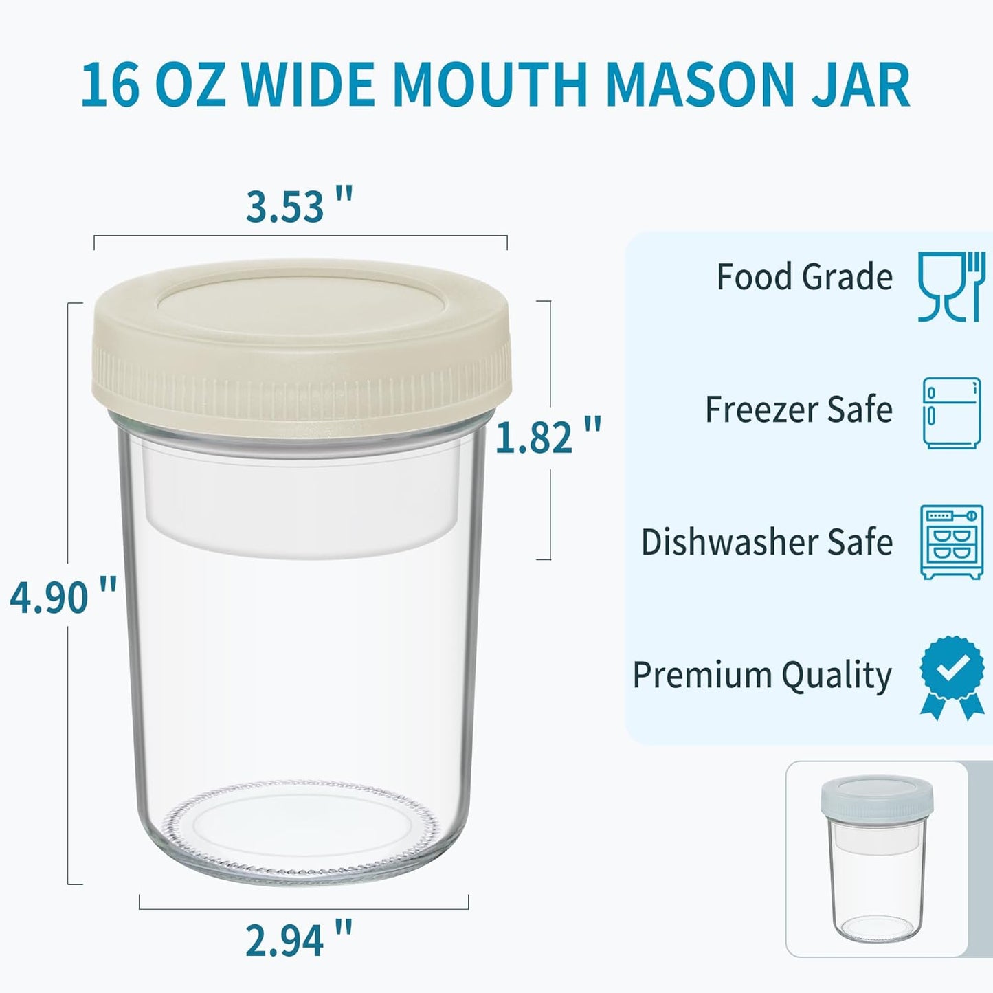 16 oz 2-Pack Xyptorix Overnight Oats Containers with Airtight Lids - Leak-Proof Wide Mouth Mason Jars & Divided Cups
