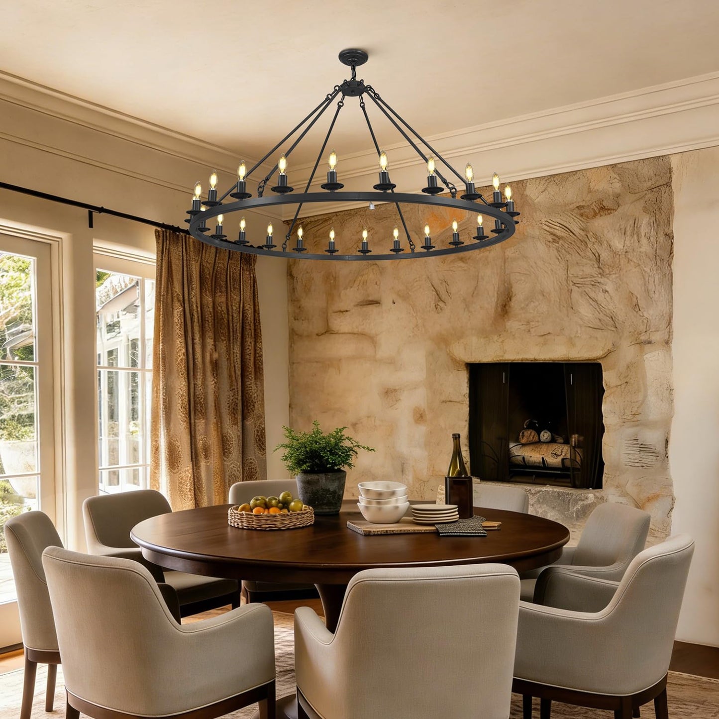 RWOGNLO 54" Black Large Wagon Wheel Chandelier, Farmhouse Round Chandeliers for Dining Room, 24-Light Modern Living Room Chandeliers Ceiling Fixtures for Bedroom, Foyer, Entryway, Staircase, Kitchen