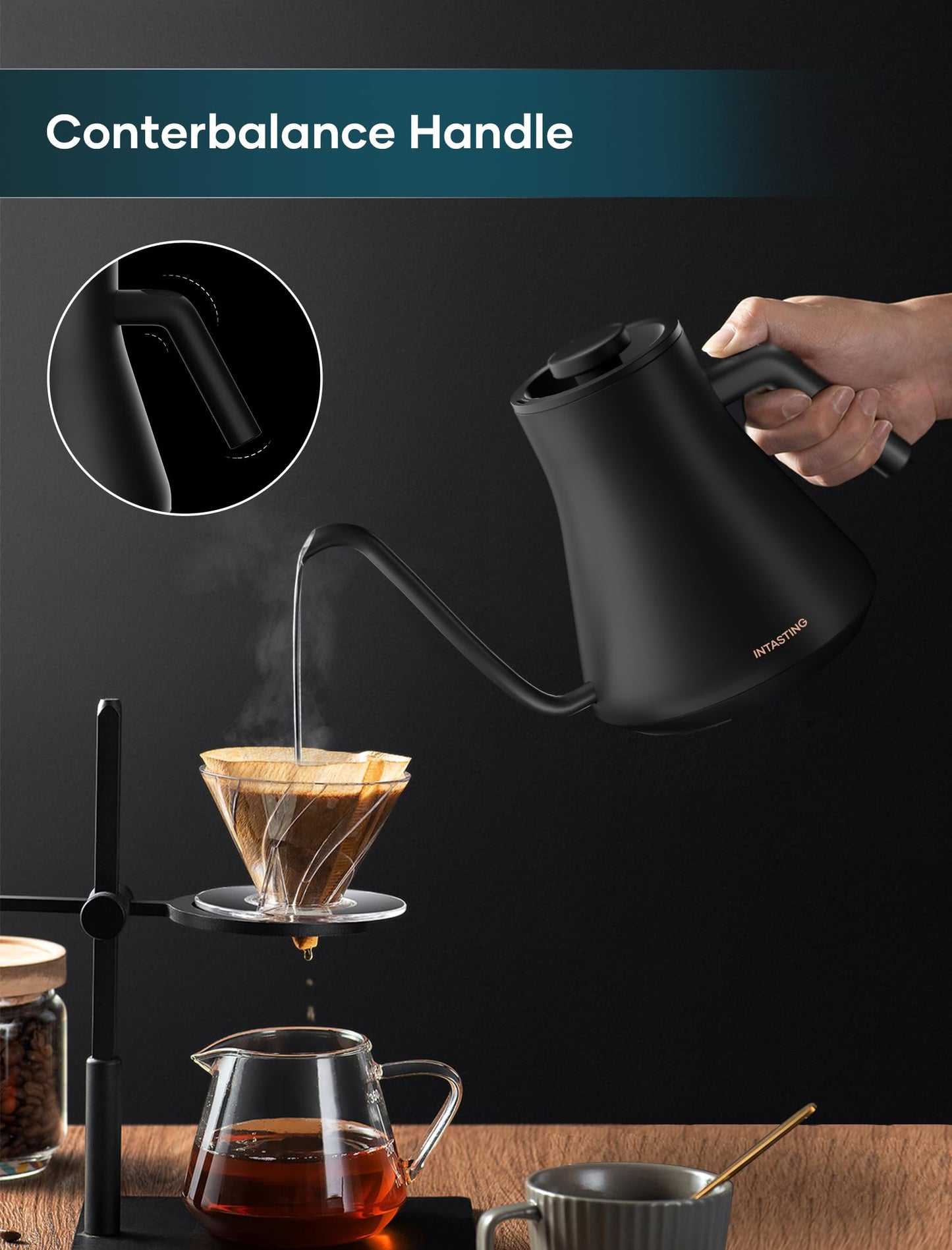 INTASTING Electric Kettles, Gooseneck Electric Kettle, ±1℉ Temperature Control, Stainless Steel Inner, Quick Heating, for Pour Over Coffee, Brew Tea, Boil Hot Water, 0.9L Black