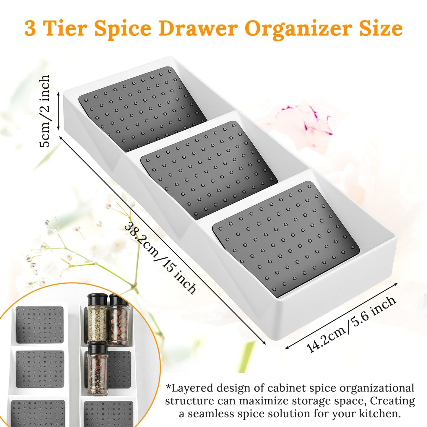 2 Pcs Spice Drawer Organizer, 3 Tier Non-Slip Silicone Seasoning Jars Drawer Insert, Spice Rack Organization for Cabinet, Making up Organizer, Bottle Rack,Bottles Holder,Spice Bottle Organizer