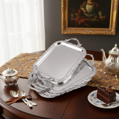 Ferrochef 4 Pcs Silver Serving Tray with Handles Elegant Victoria Floral Engraved Metal Platters Large Decorative Trays for Buffet,Wedding Party, Jewelry Display, Service(Classic,Sliver)