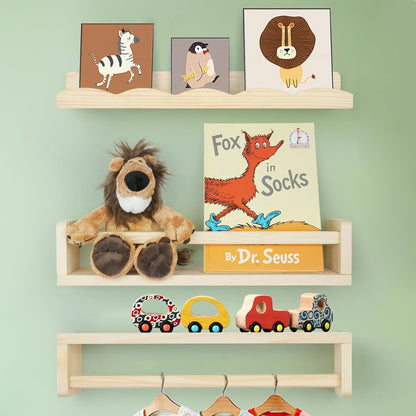 16.5" Set 2+1, Floating Book Shelves for Wall, Natural Wood Nursery Shelves for Book Storage, Solid Pine Wooden