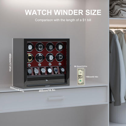 DUKWIN Watch Winder, Lockable Watch Winders for 8 Automatic Watches with Extra 6 Watch Storage, Jewelry Storage, 4 Rotation Modes, LED Light, Super Quiet Mabuchi Motor and Spring Watch Pillows, Red