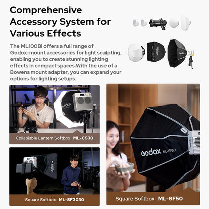 Godox ML100Bi Kit2 Pocket LED Video Light 120W Bi-Color Photography Fill Light 2800K-6500K CRI97+ TLCI98+ APP Control 11 Lighting Effects Godox Mount for Vlog Live Streaming Photography