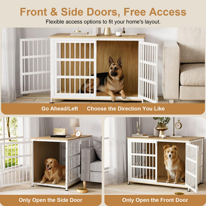 46" Dog Crate Furniture with Wheels, XXL Heavy Duty Dog Kennel Indoor for XL Dogs, Metal Chew-Proof Dog Cage, 45.9" L x 27.6" W x 32.4" H, Decorate House as TV Stand, End Table — Natural and White
