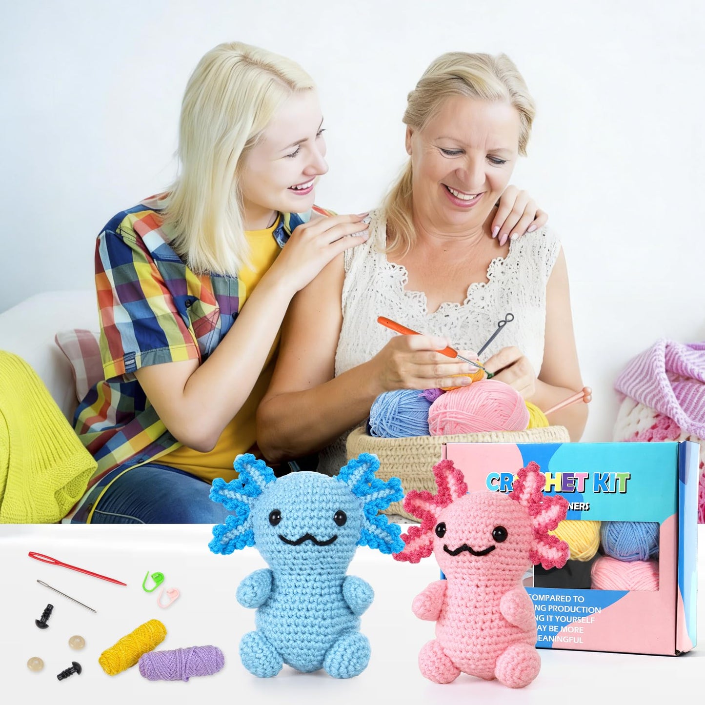 Weldomcor Crochet Kit for Beginners, Amigurumi Crocheting Animals Kits for Adults with Step-by-Step Video Tutorials Knitting Yarn Hooks DIY Crafts Starter Supplies Gifts Set (4 Pcs Mini Axolotls)