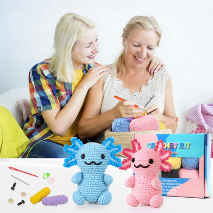 Weldomcor Crochet Kit for Beginners, Amigurumi Crocheting Animals Kits for Adults with Step-by-Step Video Tutorials Knitting Yarn Hooks DIY Crafts Starter Supplies Gifts Set (4 Pcs Mini Axolotls)