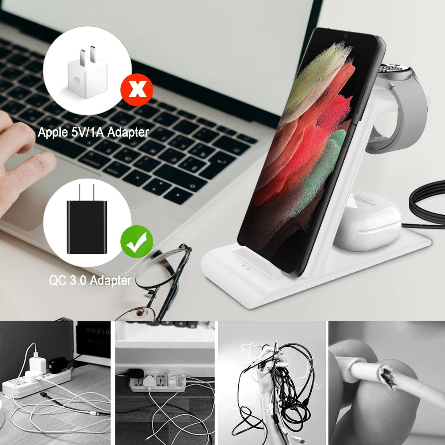 Wireless Charging Station for Samsung Wireless Charger Galaxy Watch 8/7/6/5/4/3 Active 2/1 Stand Galaxy S25 Ultra/S25/S24/S23/S22/S21/Note20/10 Z Fold Flip 7 Galaxy Buds3/2 Pro/Live Multiple Devices