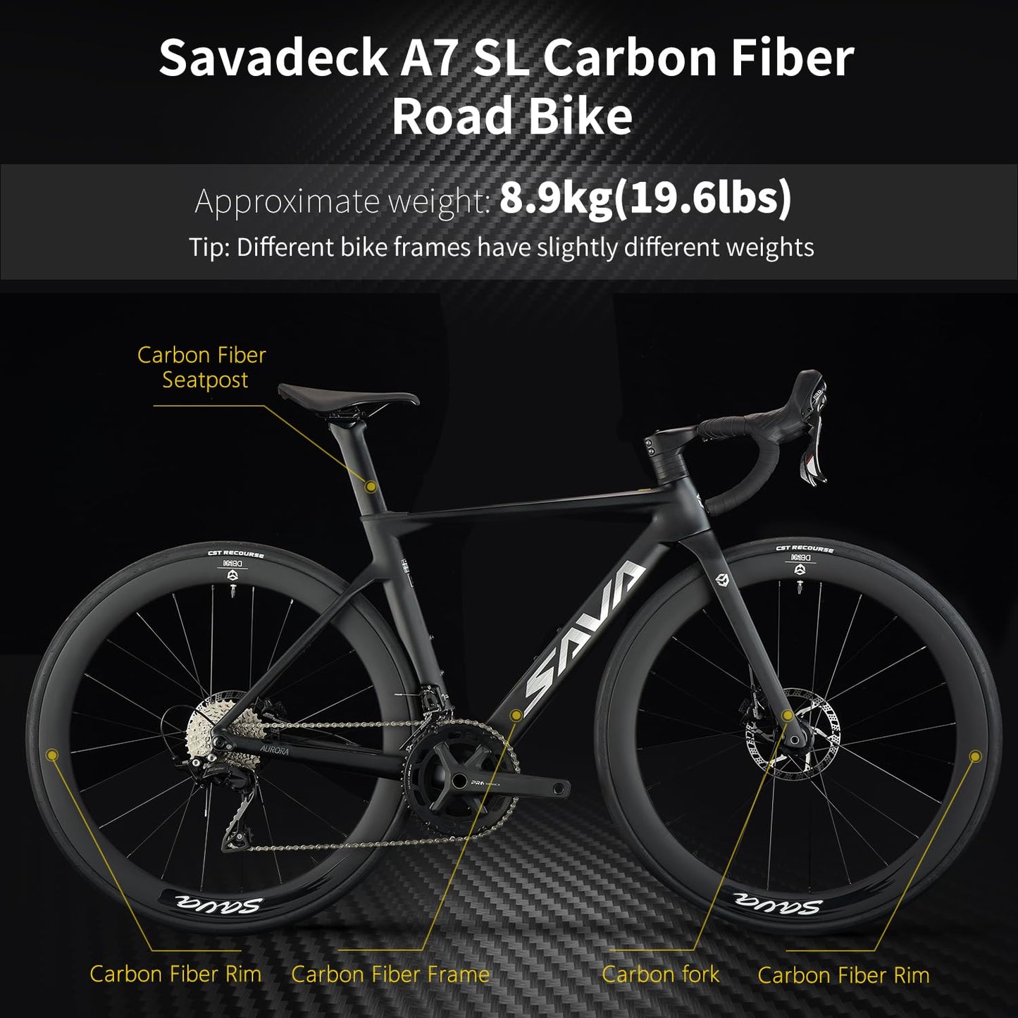 SAVADECK A7L Carbon Road Bike, T800 Carbon Fiber Frame 700C Racing Bicycle with Shimano 105 R7100 24 Speed Groupset and Hydraulic Disc Brake, Ultra-Light Carbon Bike for Man and Women(White,54CM)