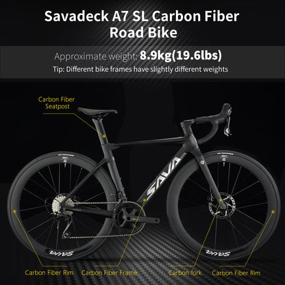 SAVADECK A7L Carbon Road Bike, T800 Carbon Fiber Frame 700C Racing Bicycle with Shimano 105 R7100 24 Speed Groupset and Hydraulic Disc Brake, Ultra-Light Carbon Bike for Man and Women(White,54CM)