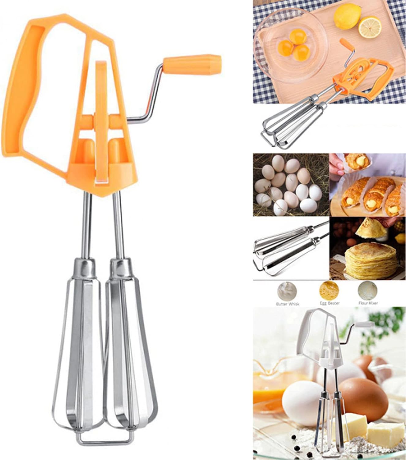 Classic Hand Crank 18/10 Stainless Steel Churner - Dual Head Design, Manual Hand Mixer for Home Cooking (Orange)