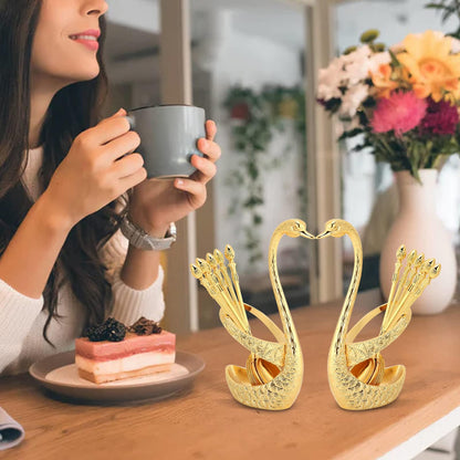 Gold Coffee Spoon for Coffee Bar, 6pcs 5in Long Coffee Stir Spoon Crown Handle Dessert Spoons Tea Spoons Espresso Spoons with Decorative Swan Base Holder (Gold)
