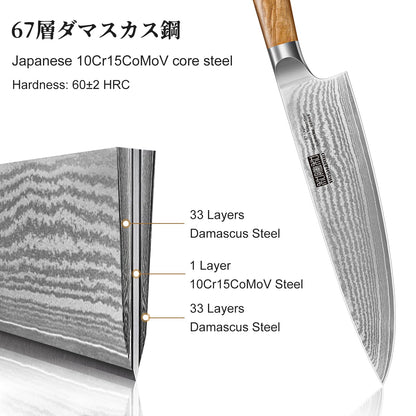 HOSHANHO 5 Pieces Kitchen Knife Sets, Ultra Sharp Professional Damascus Super Steel Chef Knives Sets with Ergonomic Olive Wood Handle, Including Chef, Bread, Santoku, Utility & Paring Knives