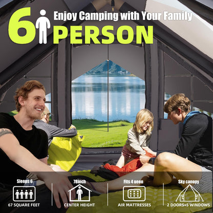 Inflatable Camping Tent Tarps for 4-6 Person, with Electric Air Pump, Extended Canopy, 4 Season Waterproof Windproof, Clear Skylight & 420D Oxford Waterproof, Air Tent with Mesh Windows/Doors