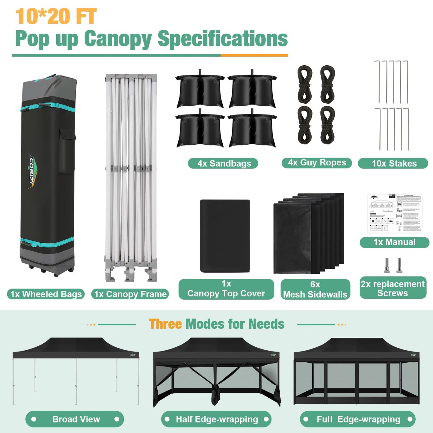 COBIZI 10x20 Canopy Tent, Heavy Duty Pop up Canopy with Sidewalls, Waterproof Easy Setup Canopy with Mosquito Netting, Outdoor Instant Screen Tents for Parties, Wedding with Roller Bag, Black