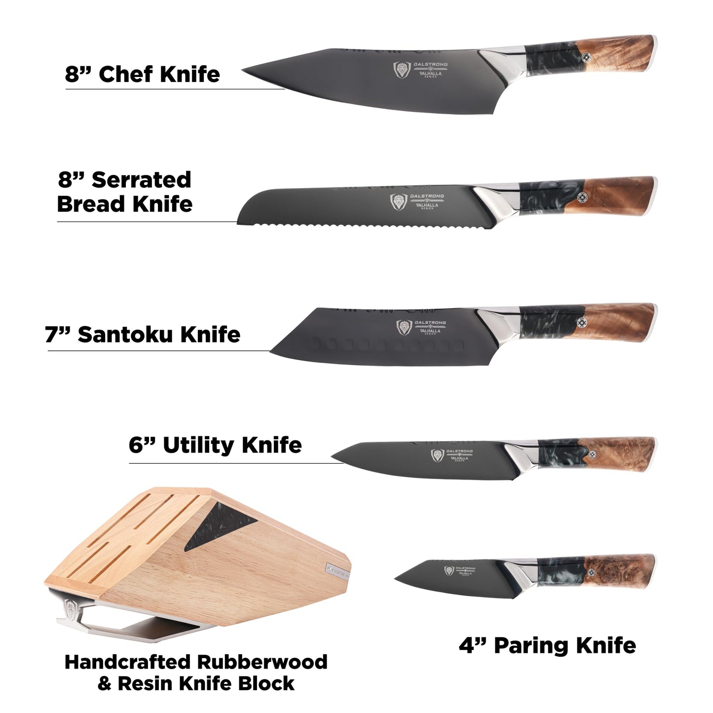 DALSTRONG Knife Block Set - 5 Piece - Valhalla Series - Ravenstone Black Blade Titanium Coated - Premium 9CR18MOV HC Steel - Resin & Wood Handle - Razor Sharp - Kitchen Cooking Chef's Knife