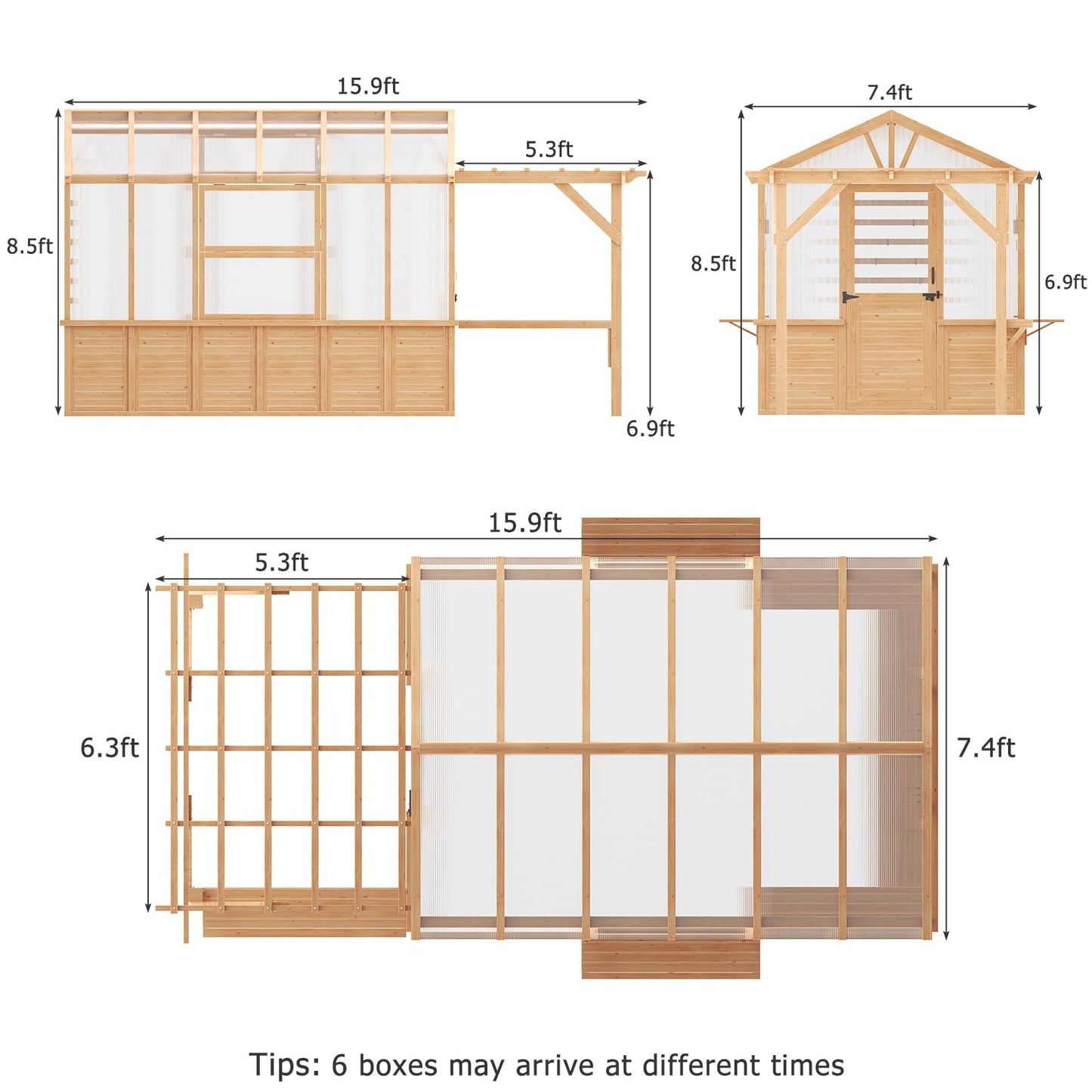 EROMMY 7x16 FT Spruce Wood Greenhouse with Pergola, Large Walk-in Polycarbonate Greenhouse Kit with Top-Hung Windows, Built-in Workstation and Staging Shelves for Backyard Garden