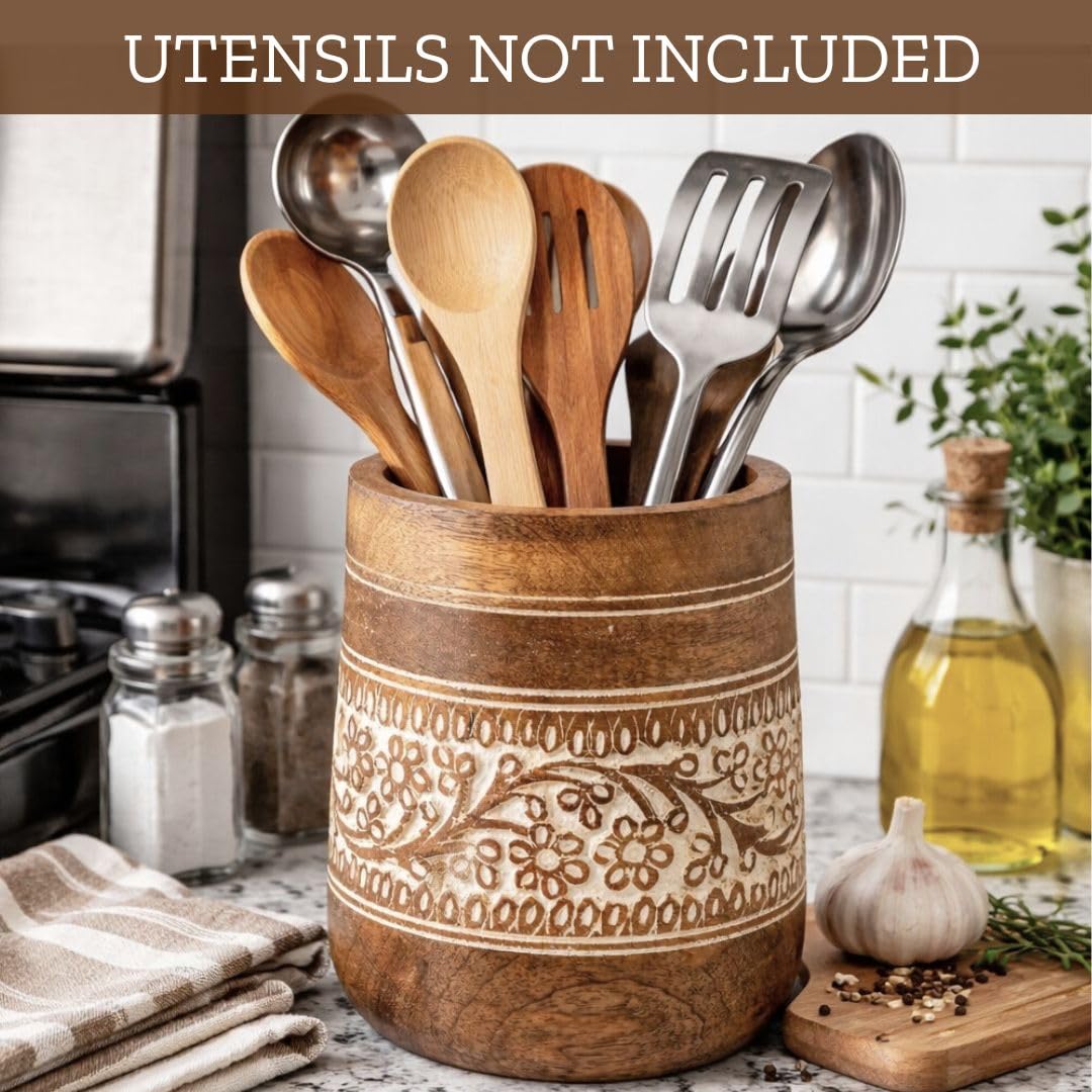 Mie Creations Farmhouse 7'' Large Utensil Holder for Kitchen Counter | Handcrafted Wooden Utensils Crock Cooking Spatula Organizer | Elegant Floral Utensil Caddy, Christmas Thanksgiving Decor- White