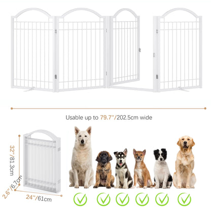 BHG Metal No-Assembly Freestanding Dog Gate with Door Walk Through, Extra Wide 96", Extra Tall 32" Pet Gate, Accordion Puppy Folding Playpen Dog Fence, with 2PCS Support (White, 4 Panels)