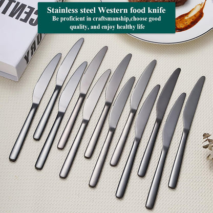 Black Dinner Knives Set, 12 Pieces, Titanium Plating Stainless Steel, Dishwasher Safe Cutlery Set