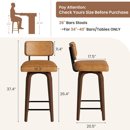 IDEALHOUSE Swivel Bar Stools Set of 4, 26" Upholstered Counter Height Bar Stools with Back and Walnut Wood Legs, Larger Cushion Size 18.3"*17.5", Faux Leather Barstools for Kitchen Counter, Brown