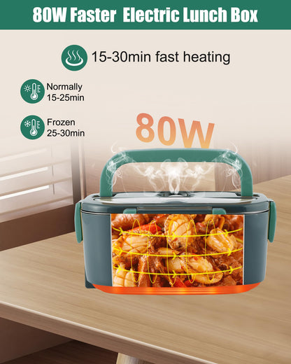 Buddew Electric Lunch Box 80W Food Heater with Dual Container, Portable Lunch Warmer for Adults, Upgraded Heated Lunch Box for Car/Truck/Office (GREEN-Dual Container)