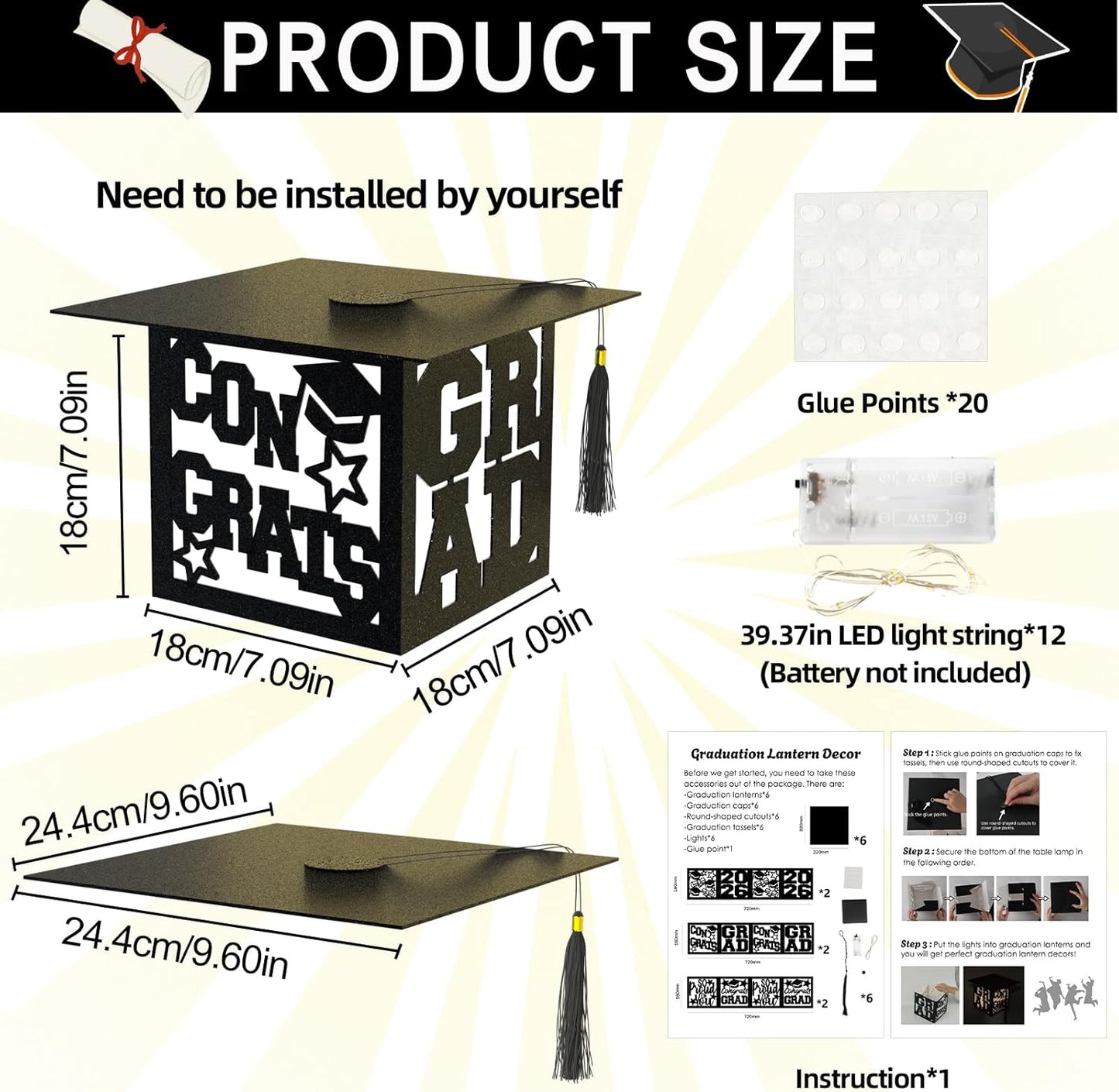12 2026 Pcs Graduation Table Centerpieces Boxes Class of Black Square Graduation Paper Lanterns with String Lights