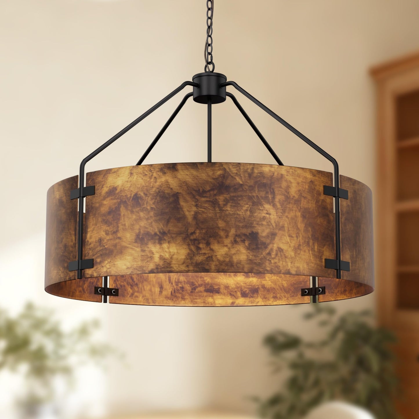 Espird Farmhouse Drum Chandelier, 6-Light, 30in Pendant Light Fixture with Chain, Kitchen Island Pendant Over Table, Rustic Industrial Chandelier for Dining Room, Bedroom, Living Room, Foyer