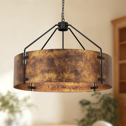Espird Farmhouse Drum Chandelier, 6-Light, 30in Pendant Light Fixture with Chain, Kitchen Island Pendant Over Table, Rustic Industrial Chandelier for Dining Room, Bedroom, Living Room, Foyer