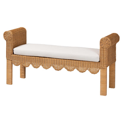 Bali & pari Reiko Handwoven Natural Rattan Bench with Scalloped Detailing – Boho Farmhouse Entryway, Bedroom, or Living Room Accent Seating