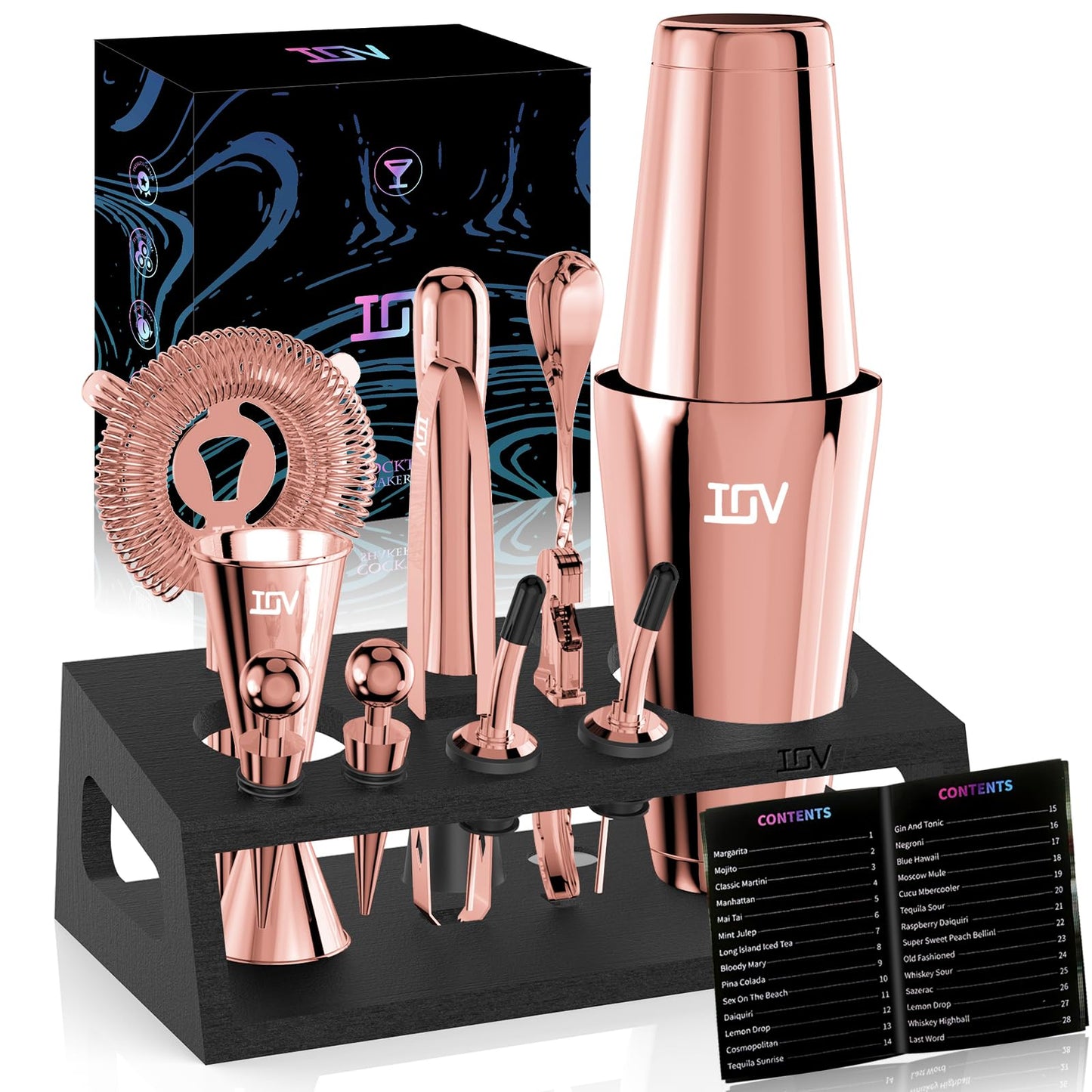 IOV Cocktail Shaker Set: 12-Piece Mixology Bartender Kit Bar Set | 16oz & 28oz Boston Shaker Drink Mixing Tools for Home with Recipe Booklet and Stand | Fun Housewarming Gift (Rose Gold)