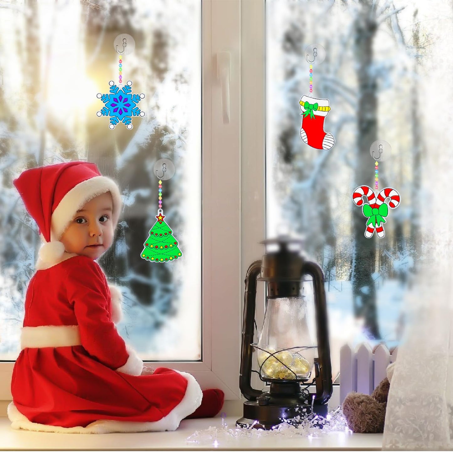 Fprl 24 Sets Christmas Craft Kits DIY Window Paint Art Suncatchers Assorted Sun Catcher Kits for Ornaments Santa Snowflake Snowman Decorations Project