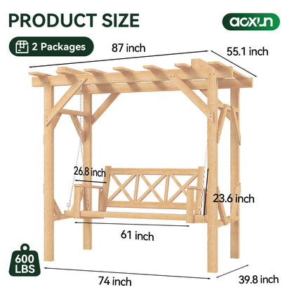 Aoxun Cedar Wood Outdoor Pergola Swing Bench, Porch Swing with Stand, 3-Seat Hammock Patio Swing Set with Canopy，Metal Chains for Backyard, Garden, Natural