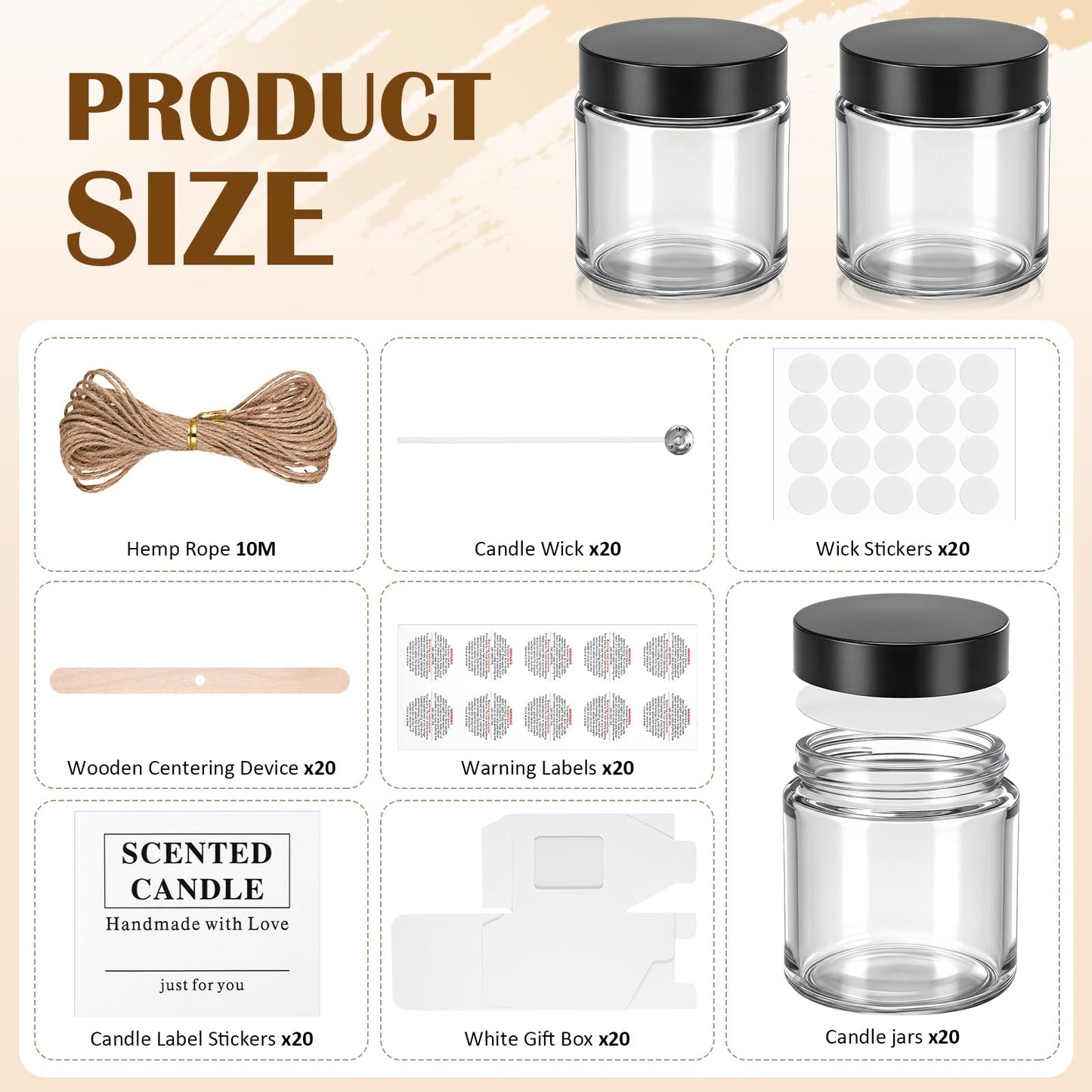 MTLEE 20 Pack 4oz Glass Candle Jars with Lids Round Empty Candle Container with Candles Making Kits Labels Gift Box Empty Canning Jars for Food Storage Spice Liquid