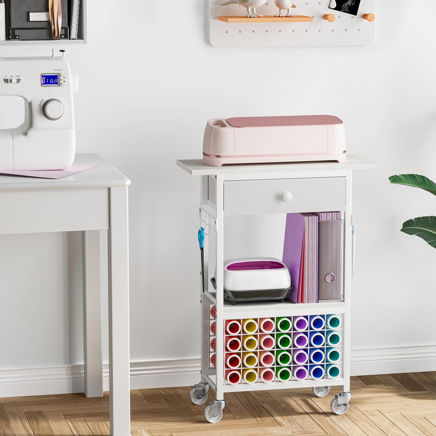 Snughome Craft Cart Compatible with Cricut Maker, Craft Organizers and Storage Table for Cricut Cart with Wheels, Drawer and 28 Vinyl Roll Holders, White, 23.6"(L) x 9.5"(D) x 31.7"(H)