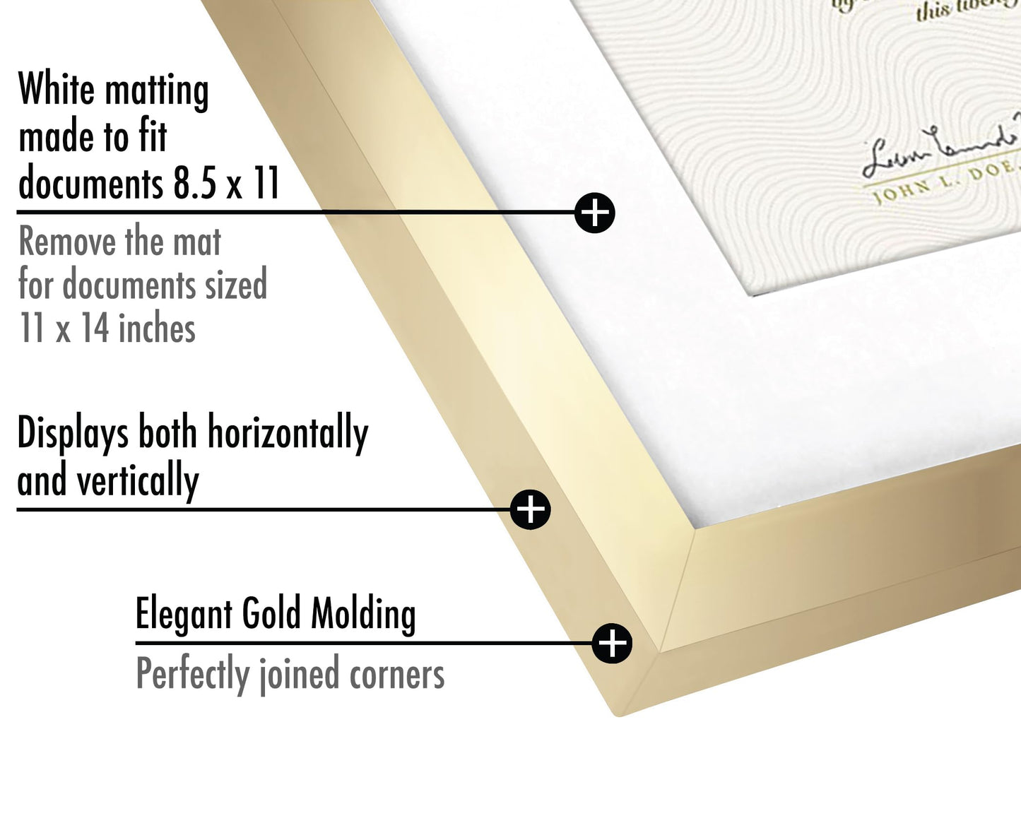 Americanflat 11x14 Diploma Frame with Shatter-Resistant Glass - Use as 8.5x11 Frame with Mat or Display 11x14 Documents Without Mat - Certificate Frames with Engineered Wood for Wall Display - Gold