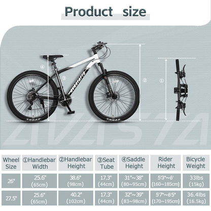 AVASTA 27.5-inch Mountain Bike for Man Male and Woman Female Adult with Lightweight Aluminum Alloy Frame and Dual Disc Brakes,Front Suspension,21-Speed Gear Shifters,Hidden Brake Cables,Color White