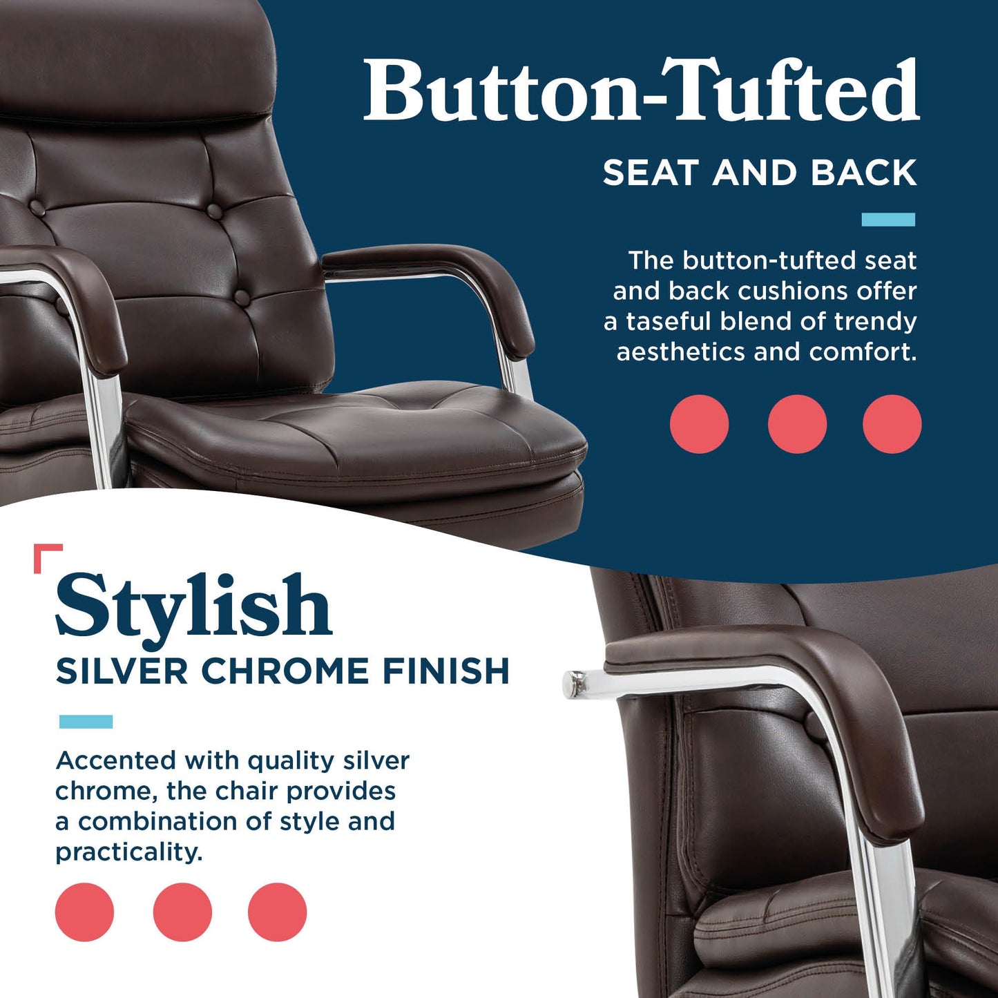La-Z-Boy Sonata Executive Mid-Back Office Chair, Button-Tufted Seat and Back, Double-Layer Cushion, Padded Armrests, Ergonomic Computer DeskChair, Swivel Metal Base, Bonded Leather, Dark Brown/Chrome