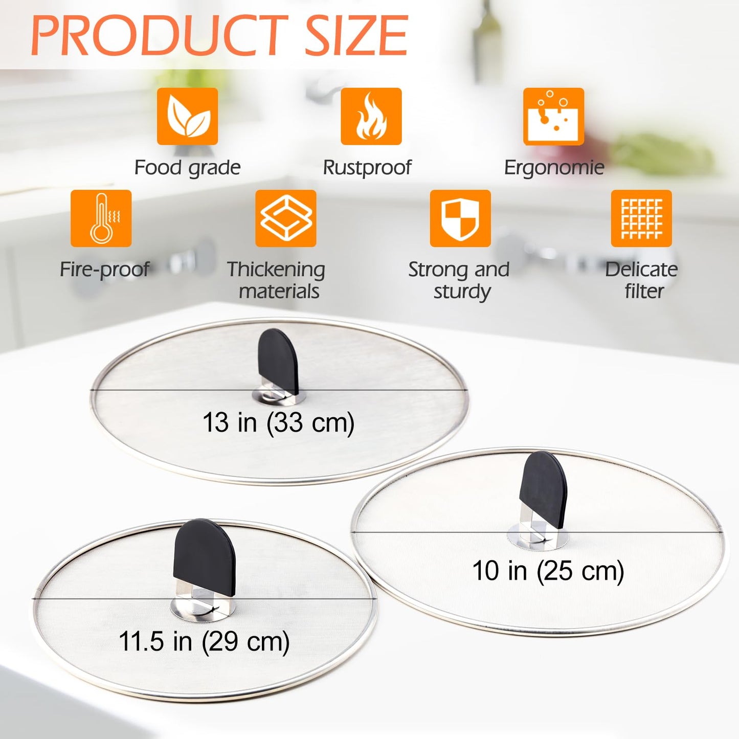 Snowyee Grease Splatter Guard, 3PCS Splatter Screen with Silicone Heat Resistant Handle and Stainless Steel Fine Mesh Design for Safe Indoor and Outdoor Cooking (13/11.5/10 inch and 33/29/25cm)