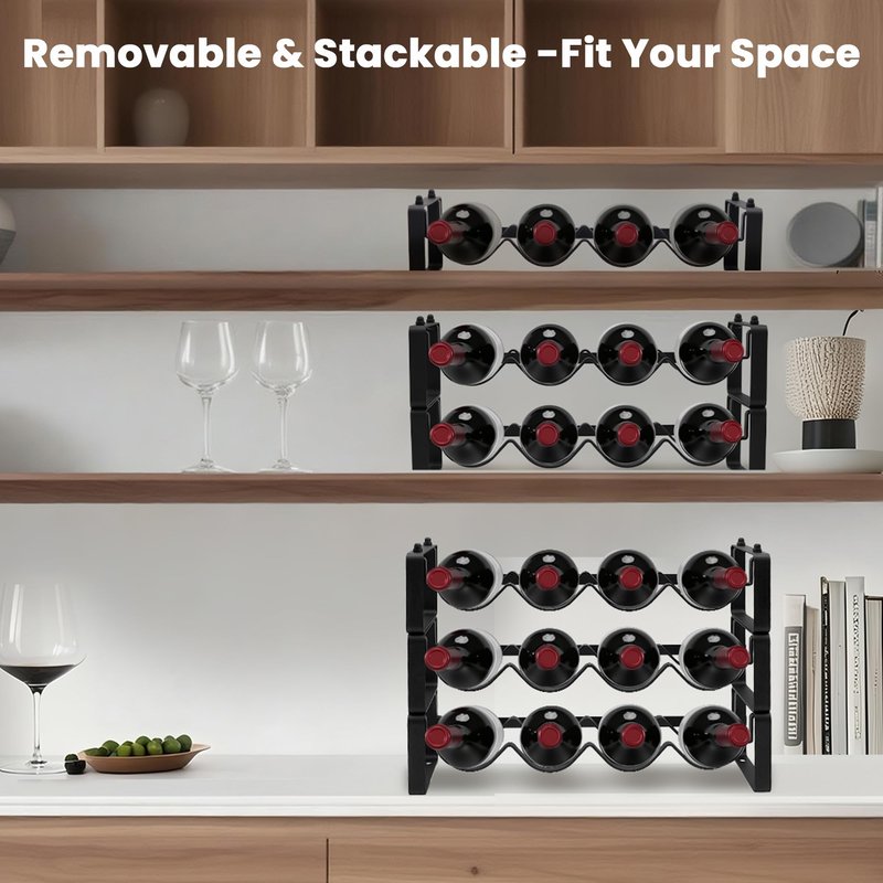 STAEVER Black Wine Rack for 12 Bottles – Stackable & Expandable Metal Wine Bottle Holder for Bar Counter, Cabinet, Pantry, or Small Spaces – Modern Freestanding Wine Storage Shelf (3 Tier, Black)