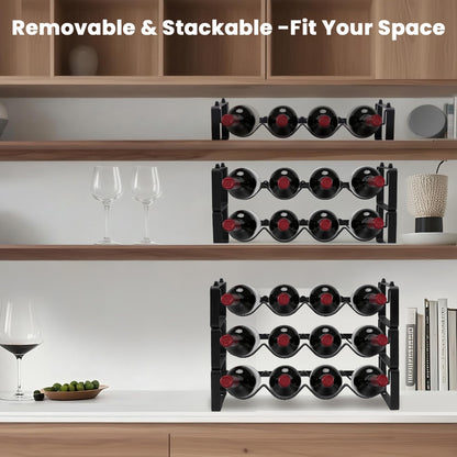 STAEVER Stackable 4 Bottles Wine Rack – Compact Metal Wine Holder for Countertop, Cabinet, Pantry, Bar, or Small Spaces – Small Freestanding Wine Storage Organizer for Tight Spaces (1 Tier, Black)
