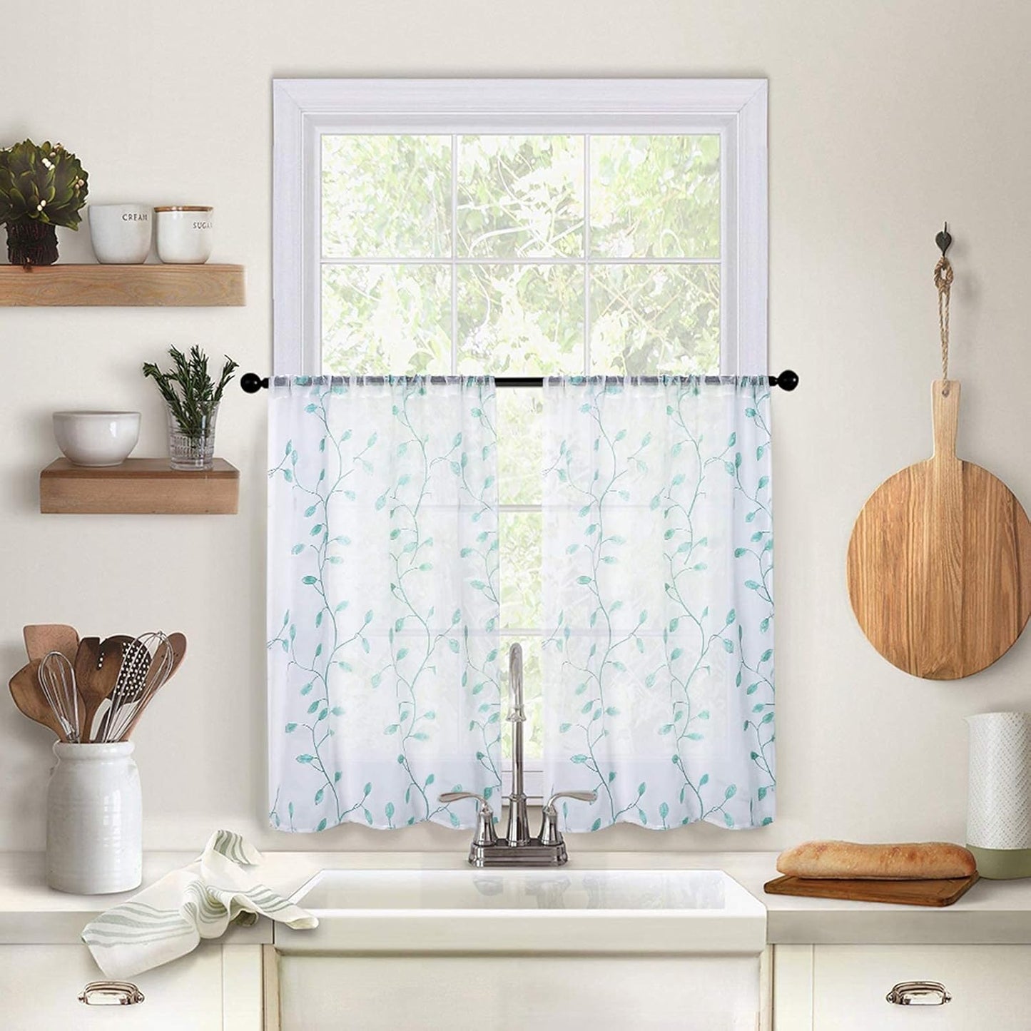 MRTREES Sheer Tier Curtains, Christmas Kitchen Tiers Rod Pocket, Leaf Embroidery Bathroom Curtain Panels, Aqua Blue