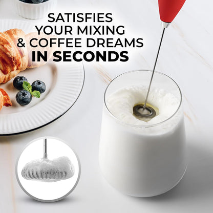 Zulay Powerful Milk Frother for Coffee, Handheld Electric Whisk, Mini Mixer for Frappe, Latte, Red