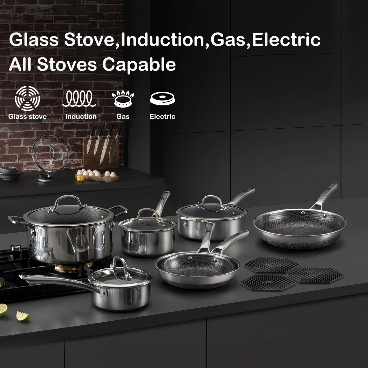 SNOWCLAD Pots and Pans Set Non Stick, 14 Pcs Hybrid Stainless Steel Cookware Sets, Non Stick Frying Pans, Saucepans, Saute Pan & Stock Pot, PFOA Free Kitchen Skillet,Induction Compatible